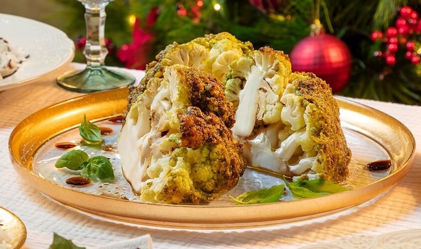 Couve flor assada com pesto de rúcula