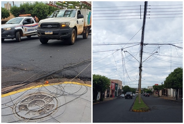 Cena cotidiana em Fernandópolis: carreta enrosca em cabos de internet e telefonia