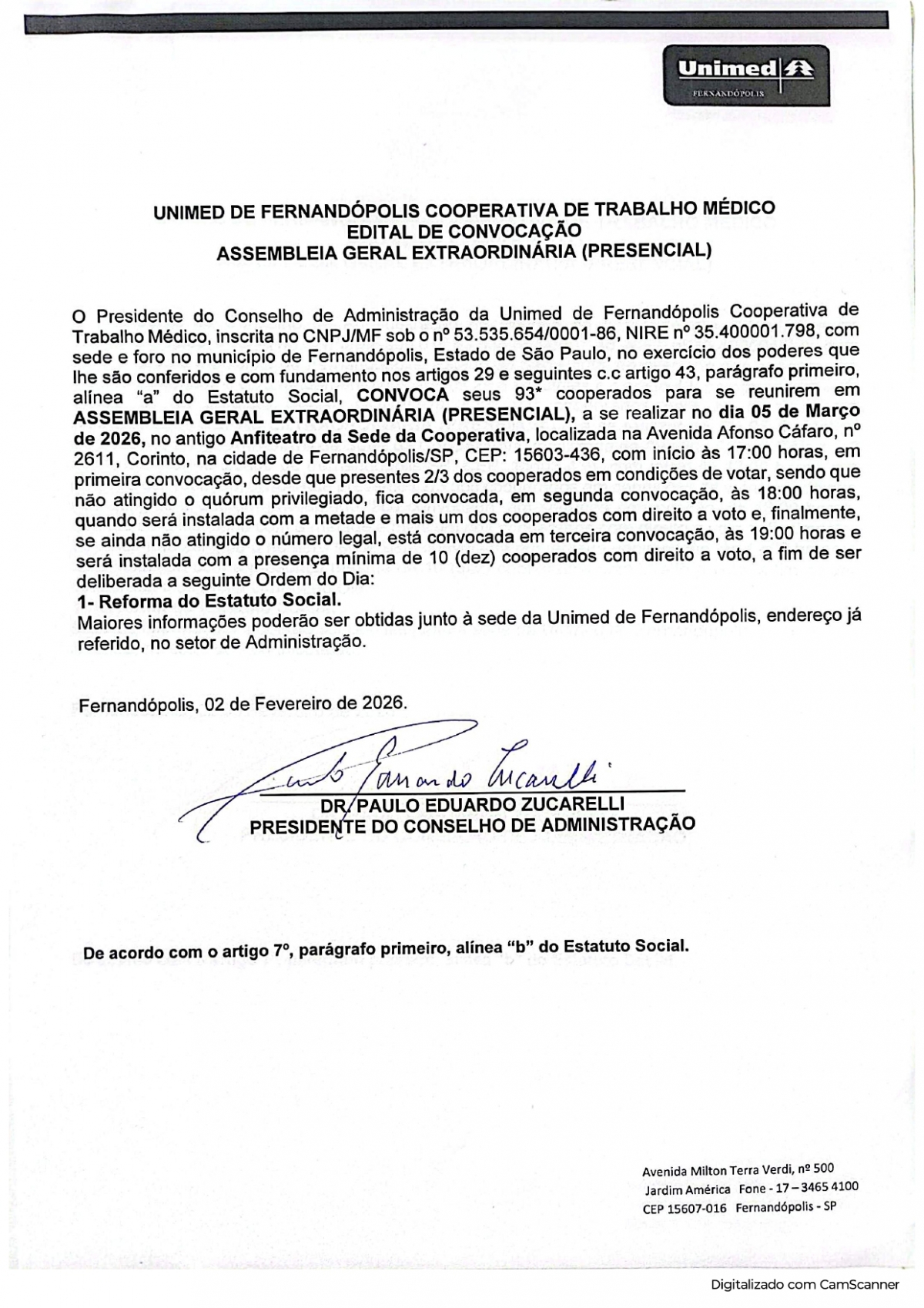 UNIMED - EDITAL DE CONVOCAÇÃO - ASSEMBLEIA GERAL EXTRAORDINÁRIA (PRESENCIAL)