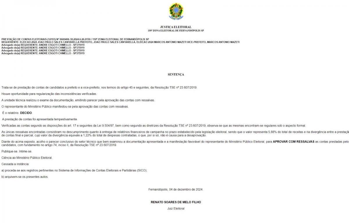 VEJA A DECISÃO DO JUIZ ELEITORAL