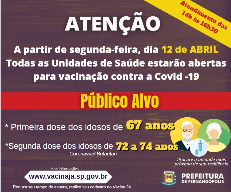 Covid:19: vacinação de pessoas com 67 e de 72 a 74 anos