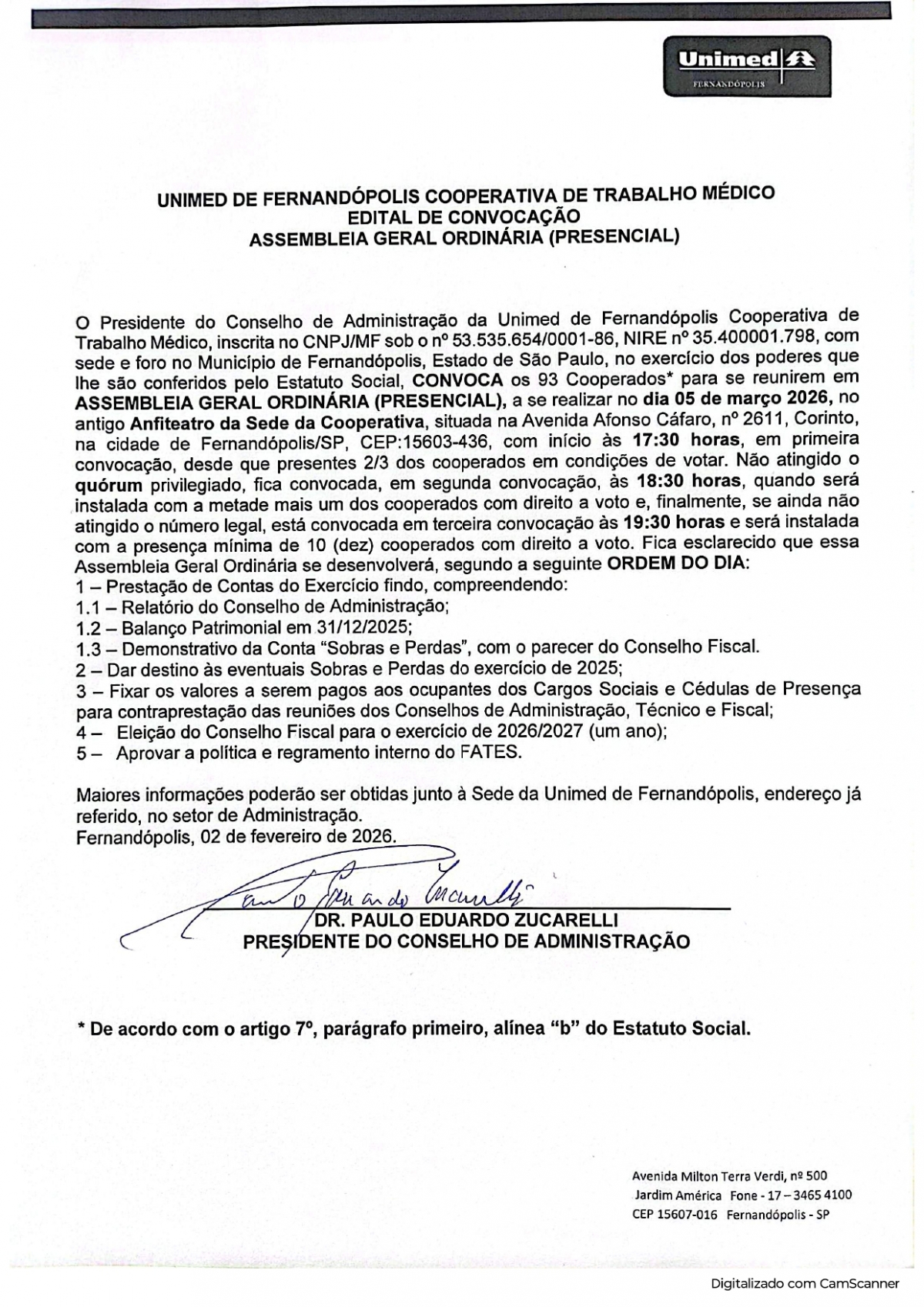 UNIMED - EDITAL DE CONVOCAÇÃO - ASSEMBLEIA GERAL ORDINÁRIA