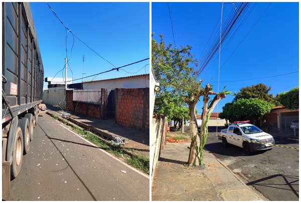 Carreta derruba poste e se enroca na fiação; cabo de energia se rompe e assusta moradores. Fotos: Divulgação