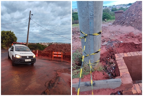 Chuvas de quase 121 mm causam danos em obra e deixam poste sob risco de queda em Fernandópolis