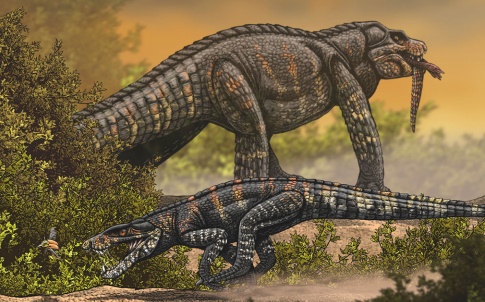 Paleodesign de Felipe Alves Elias, ilustrando um Baursuchus pachecoi diante de predador de grande porte (Imagem extraída do periódico "The Anatomical Record")